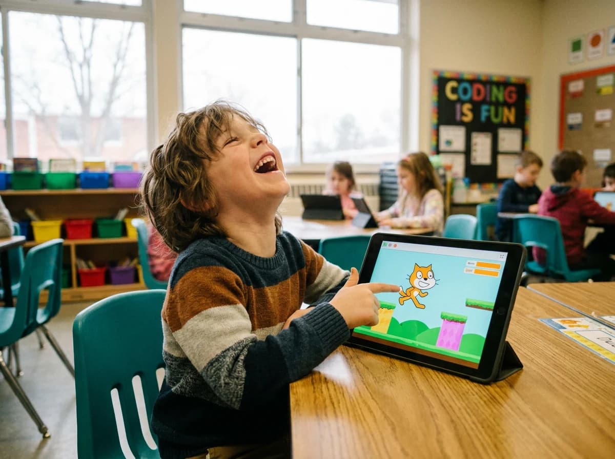 A six-year-old laughing at a tablet as a cartoon cat moves across the screen in a game they made