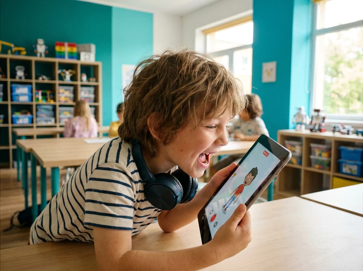 A child recording their own voice into a tablet to make a character in their story speak