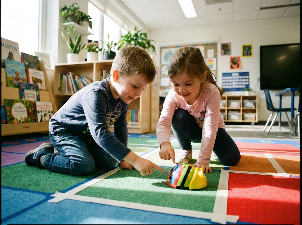 Two children kneeling on a classroom carpet, guiding a small floor robot along a route marked out in tape