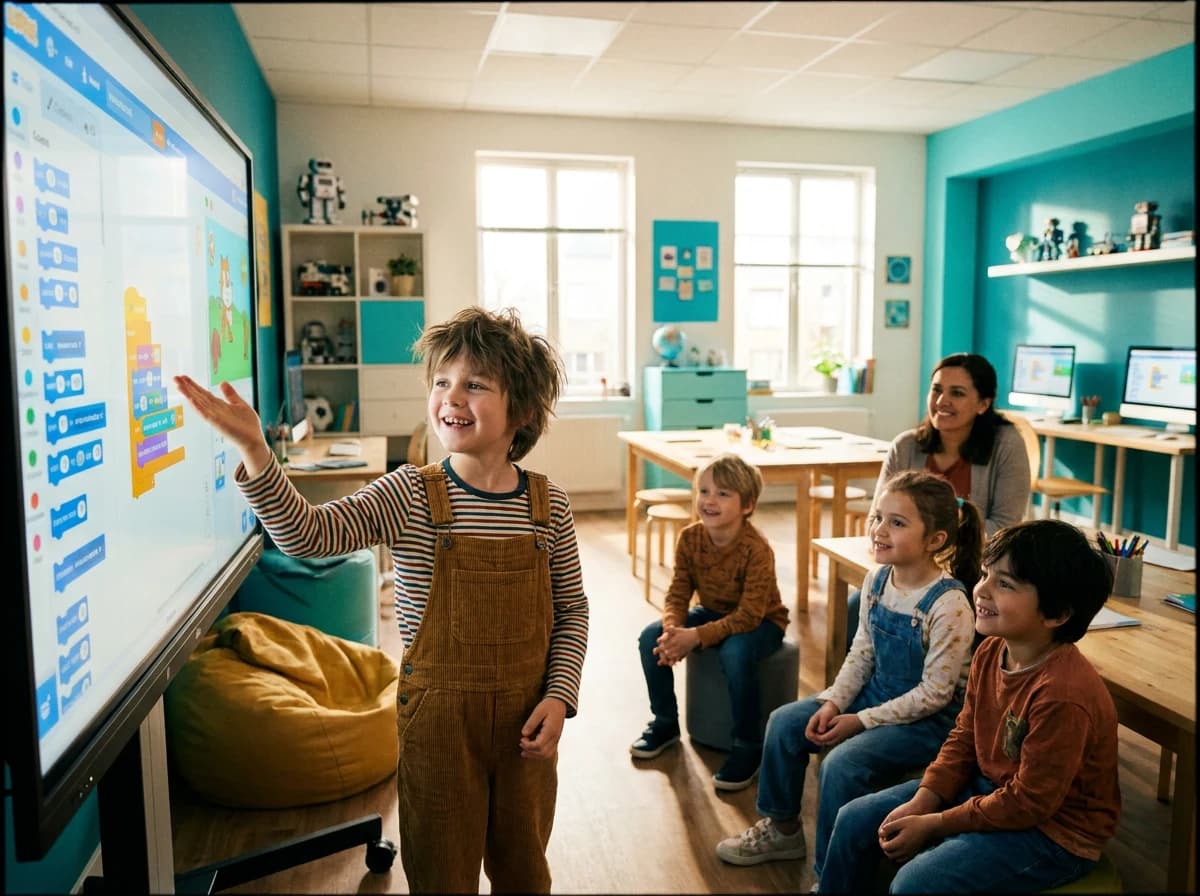 A young child standing at a screen presenting their project to classmates and a parent