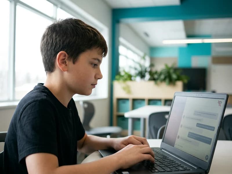 A chatbot window running on a classroom laptop with the internet disconnected, a student typing a prompt