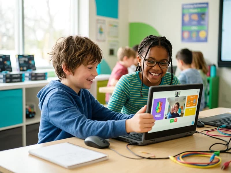 A rock, paper, scissors web game showing a child's webcam hand gesture beside the trained model's guess