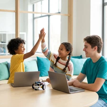Instructor helping a student in a small class