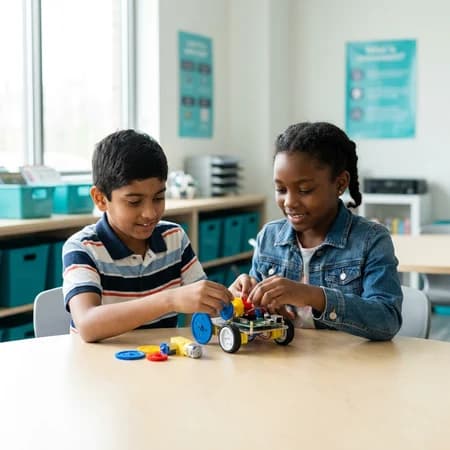 Young students building a robot together