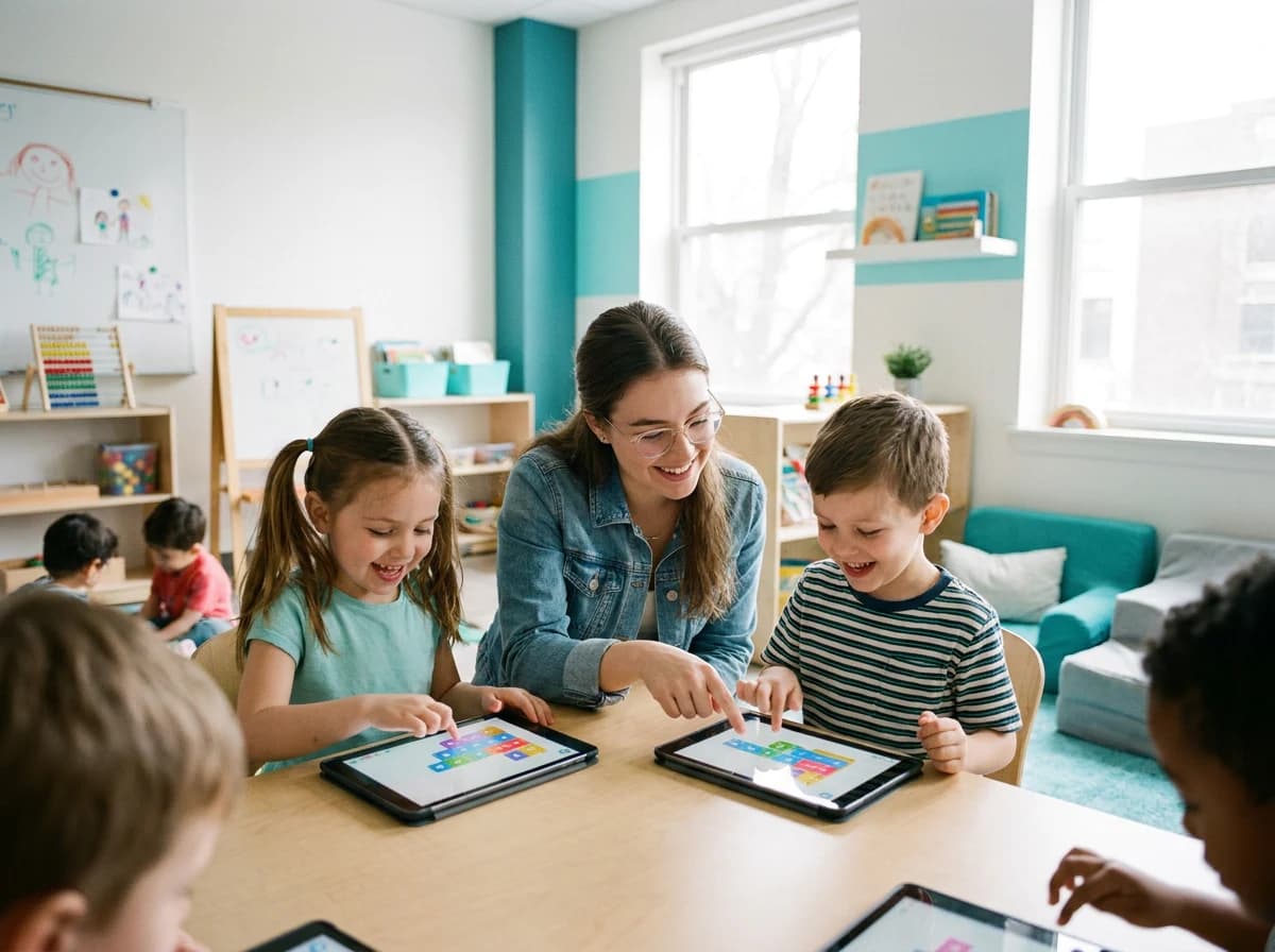 Two children aged five and six at a low table, one placing a picture-block on a tablet while an instructor kneels beside them