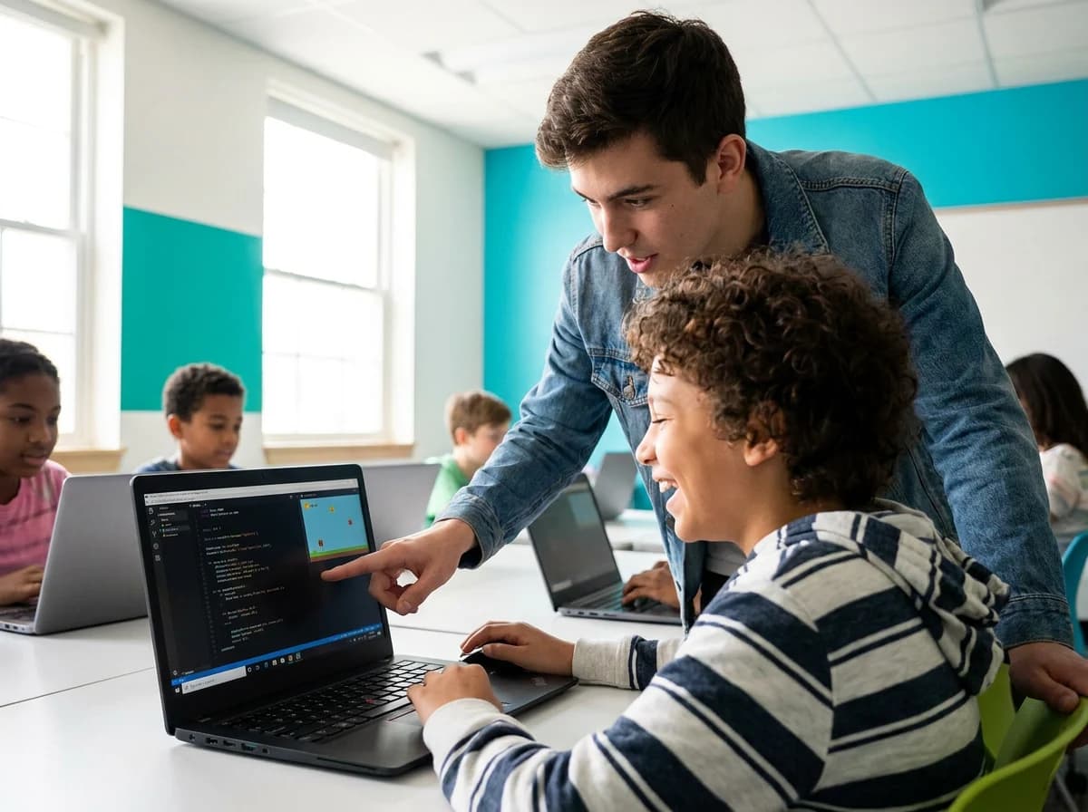 An instructor pointing at a line of Python on a student's laptop screen during a Junior Creator class