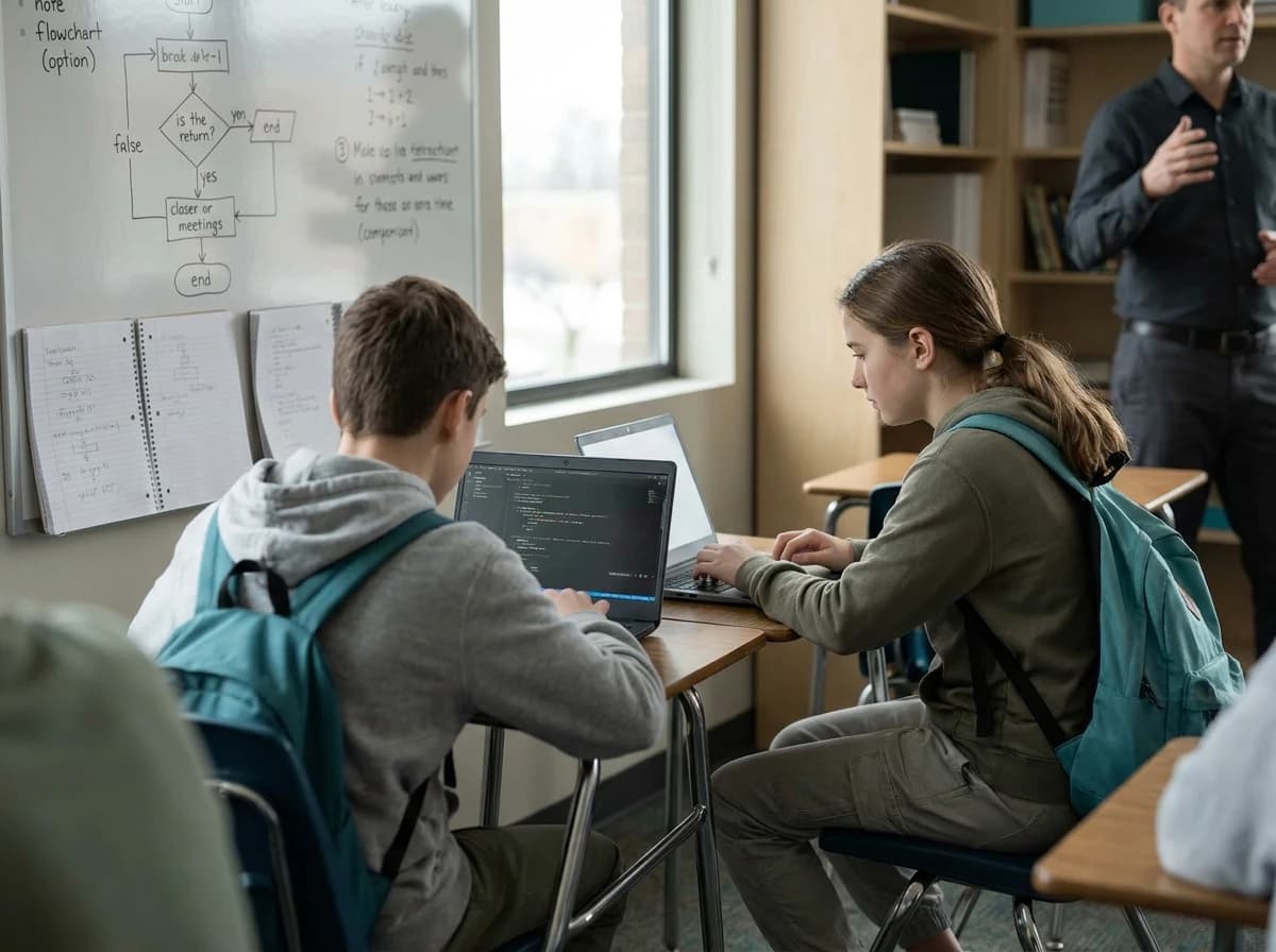 Two teenagers side by side at laptops in a classroom, one typing code while the other reads their screen, with a hand-drawn flowchart on the whiteboard behind them