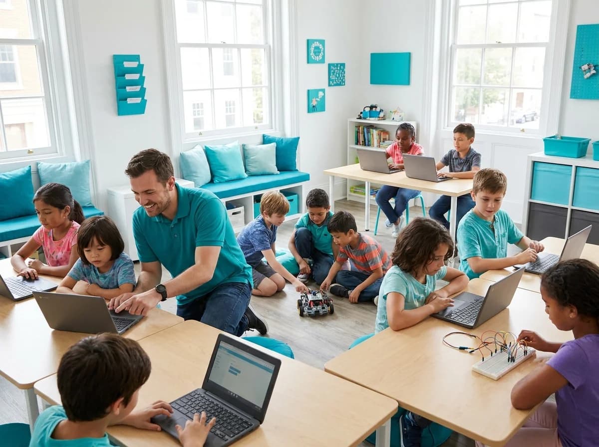 An instructor working with a full class of children on laptops and a floor robot at an Ultimate Coders centre