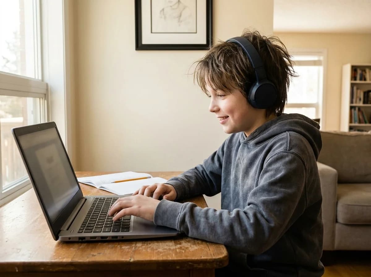 A boy in headphones typing on a laptop at a dining table during a live online coding class