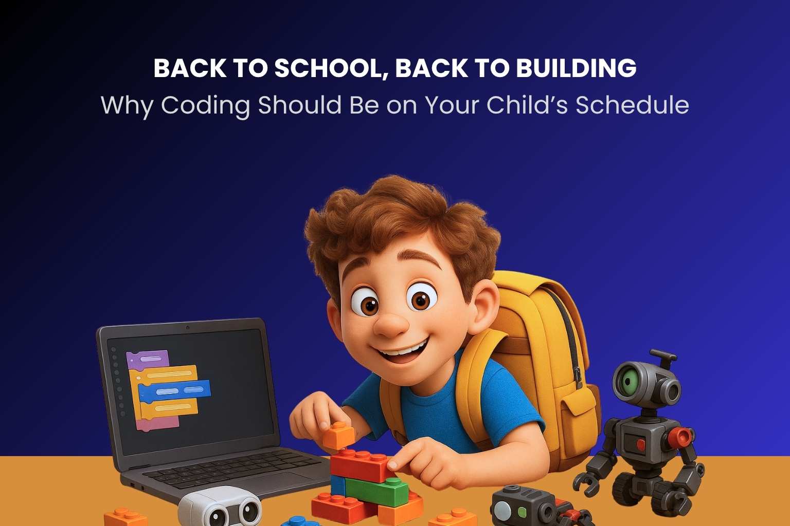 kid coding on laptop surrounded by school supplies