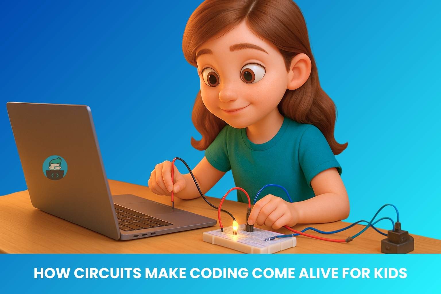 kid connecting wires to a circuit board while coding on laptop